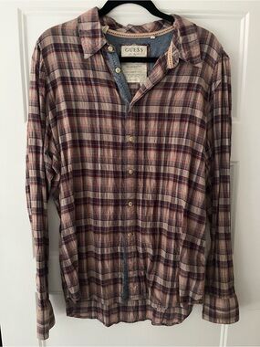 GUESS Plaid Button-Down Shirt in Brown, Red & Navy